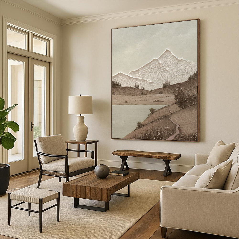 “Monochrome Mountain Serenity - Brown, White Textured Landscape” Painting On Canvas DTP268