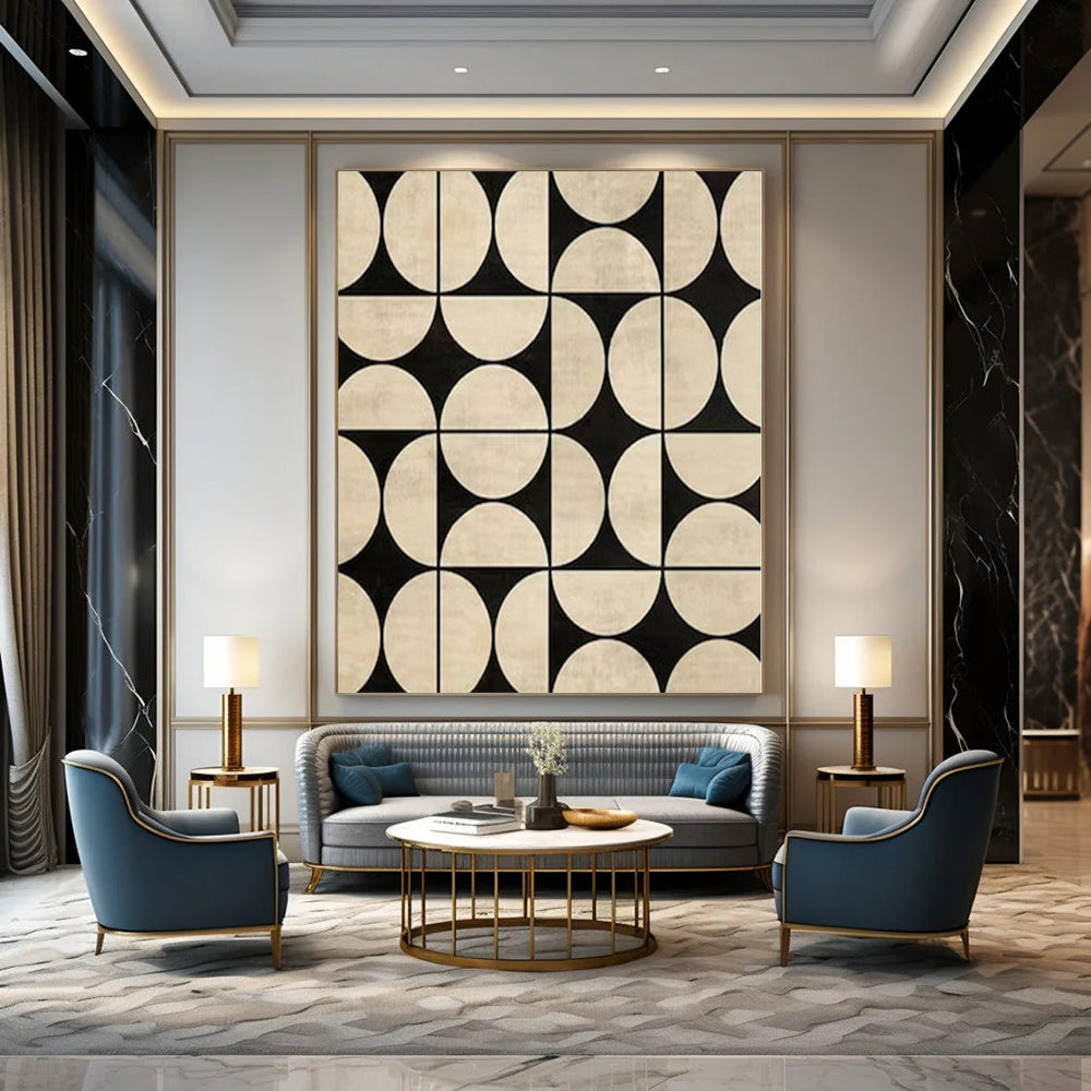 “Symmetrical Black - Beige Circles” – Abstract Geometric Pattern Painting CT1082