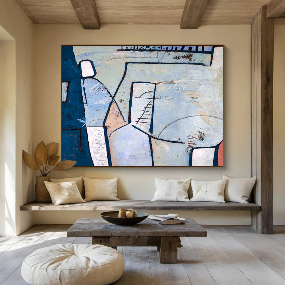 “Blue - Pink Geometric Layers” Abstract Mixed - Media Painting On Canvas DKH547