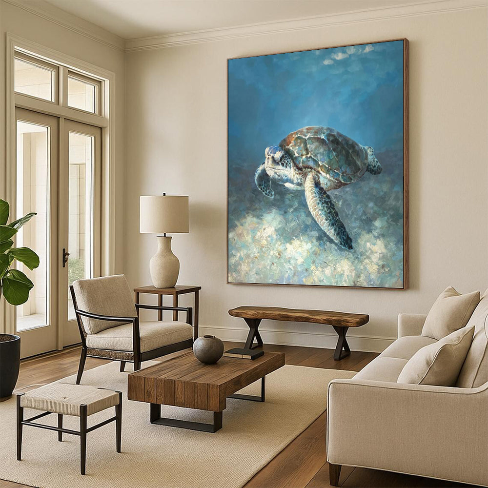 Realistic Sea Turtle in Blue Waters - Wildlife Painting On Canvas DKH1443