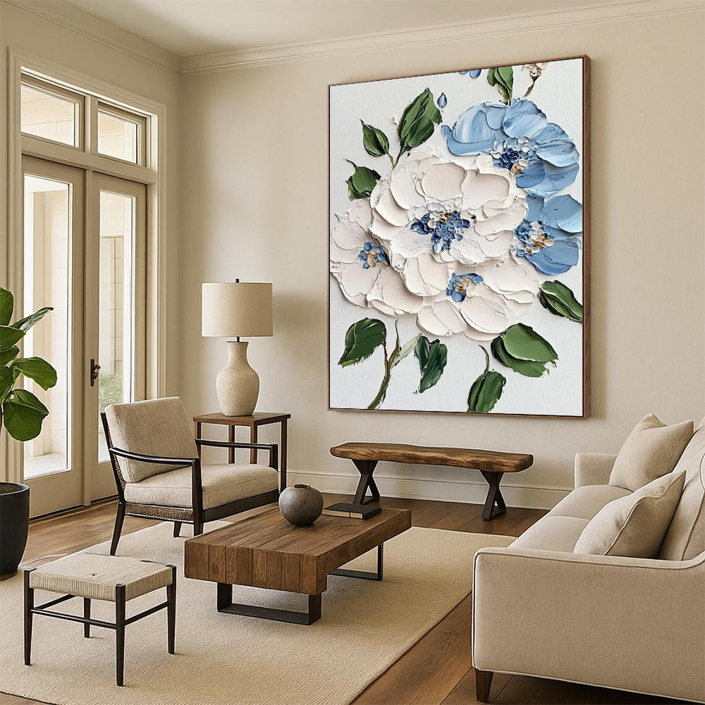Blue, White and Green Floral 3D Effect - Impasto Flower Painting On Canvas DKH1387