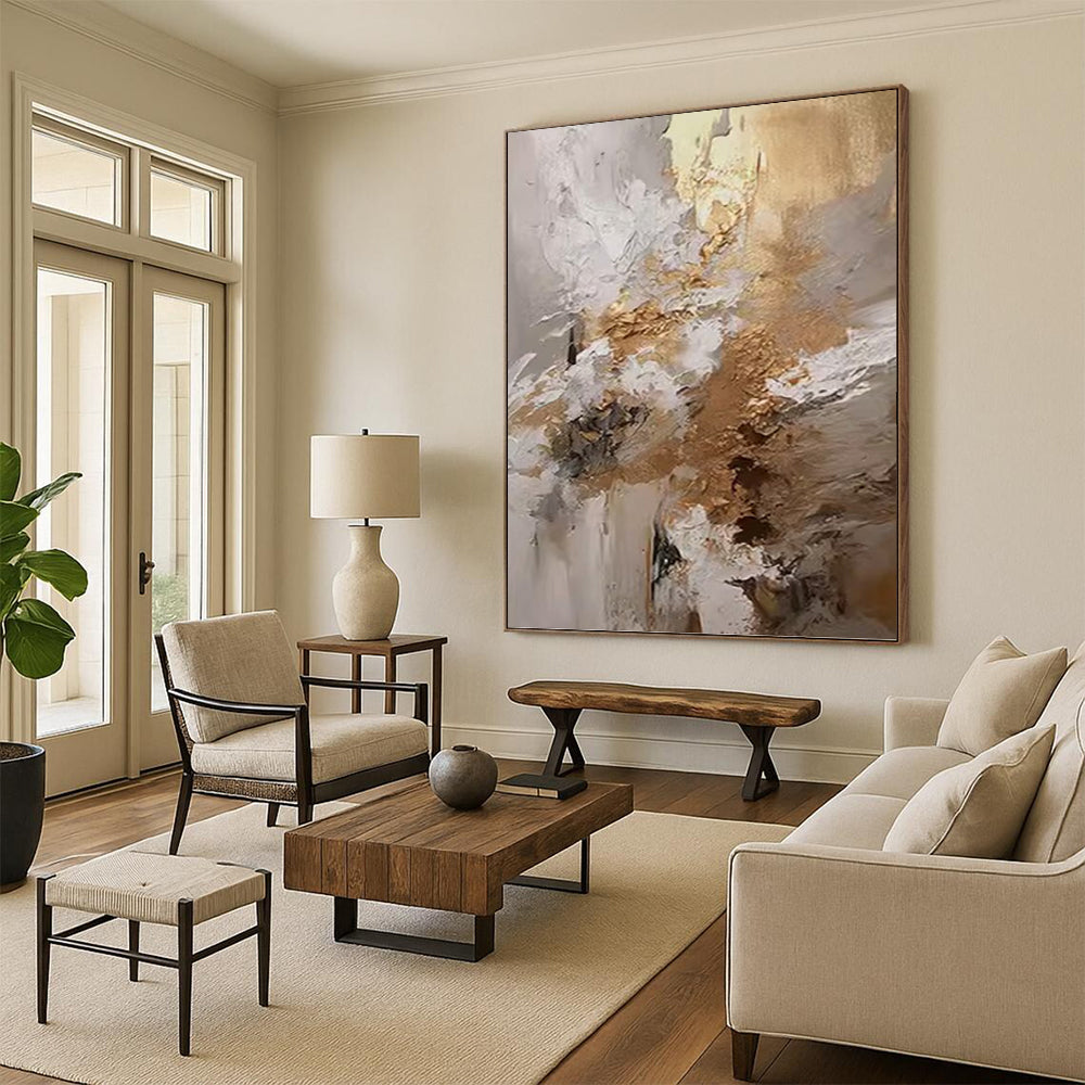 Gold & White Textured Blend - Abstract Impasto Painting On Canvas DKH1246