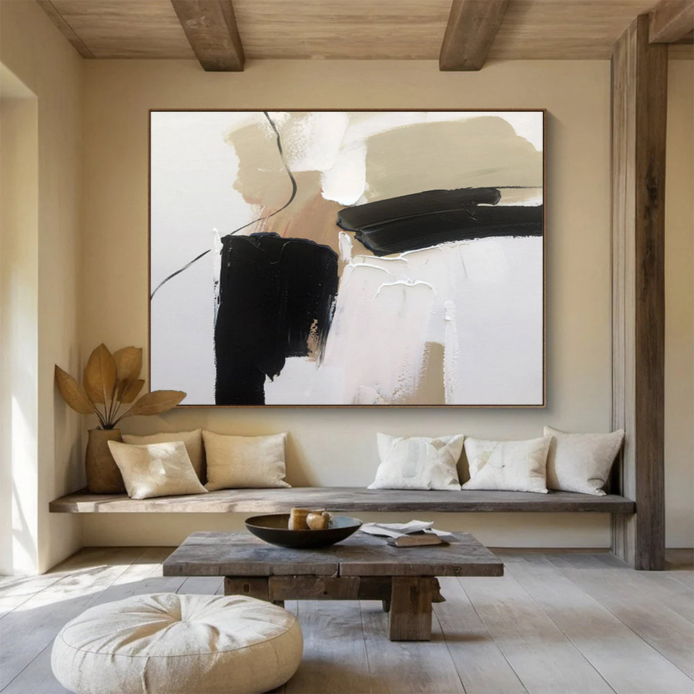 Minimalist Black and Beige Abstract Painting On Canvas DKH313