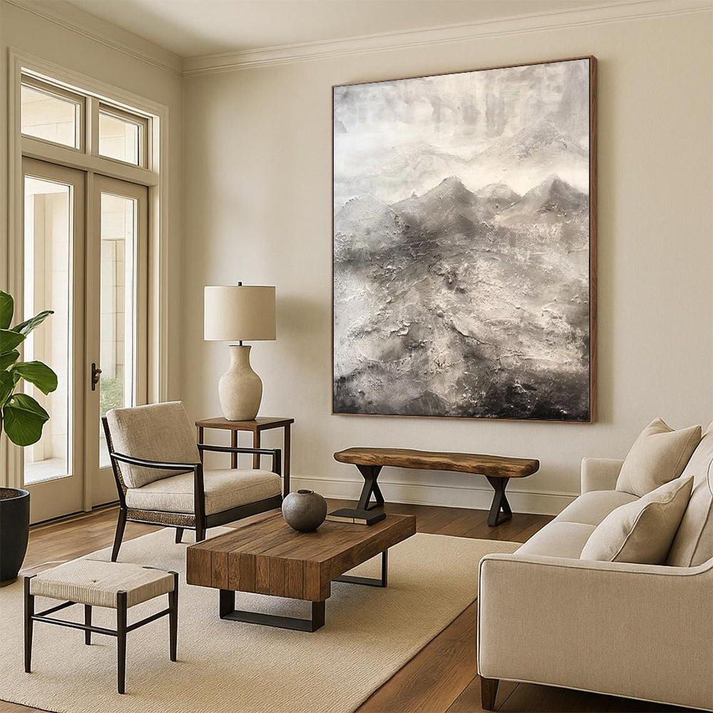 “Monochrome Mountain Textures” - Gray, Black Abstract Landscape Painting On Canvas DTP256