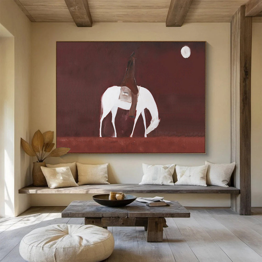“Moonlit Rider in Rust” - White, Brown, Red Minimalist Figure Painting On Canvas DKH732
