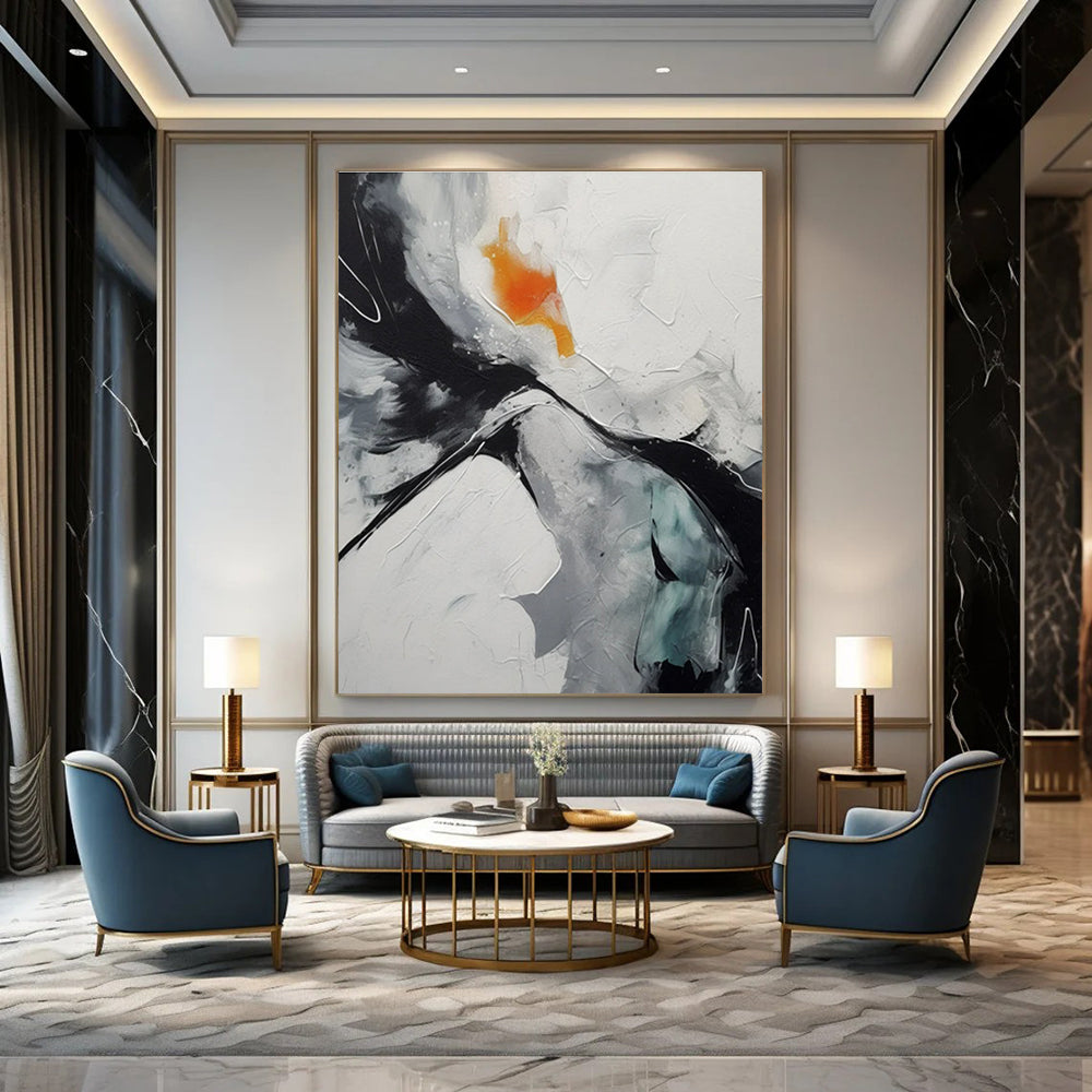 Black, White, Grey with Orange Accent - "Dynamic Contrast" - Abstract Textured Painting CT1464