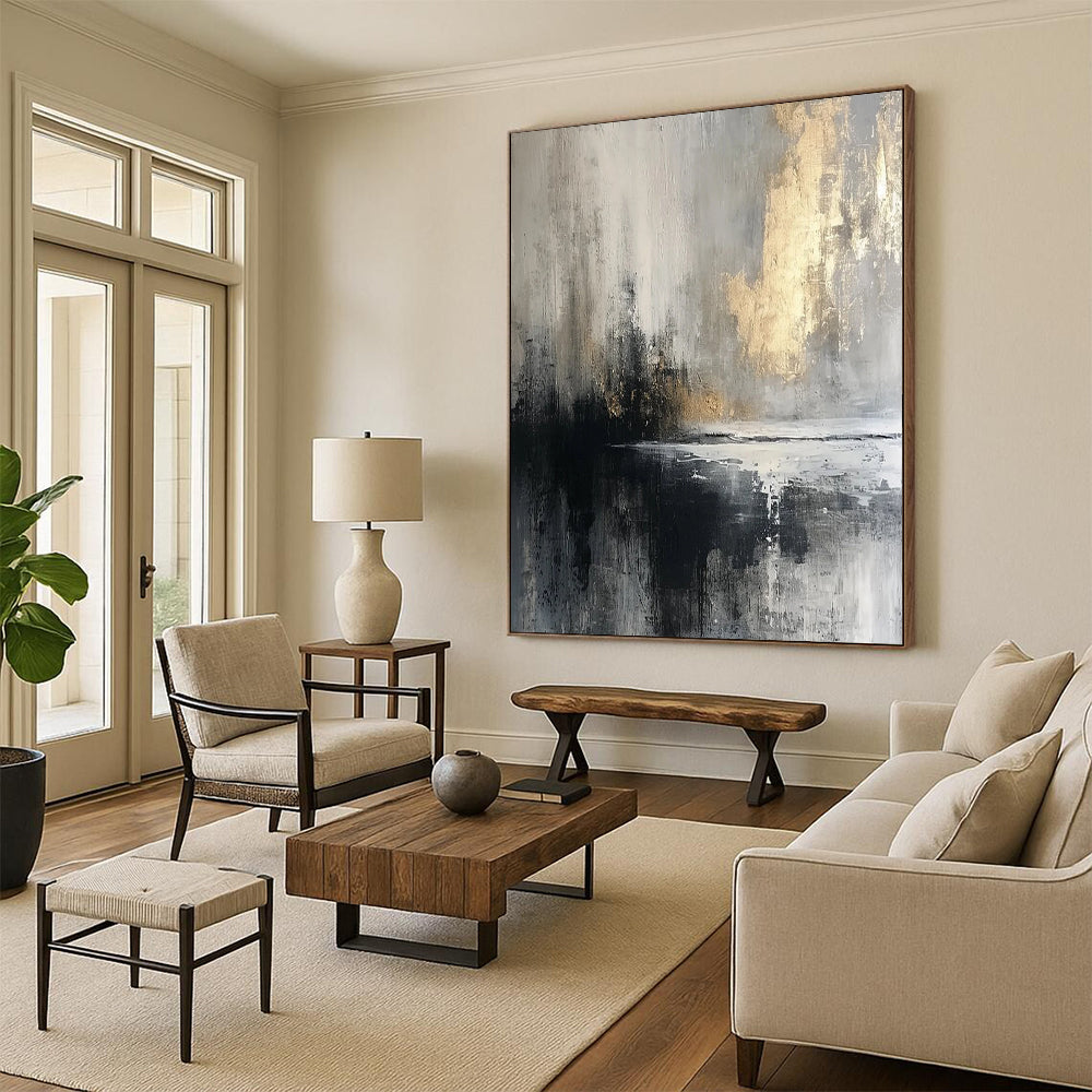 “Gray - Gold Abstract Reflection” - Abstract Expressionist Painting On Canvas DTP067