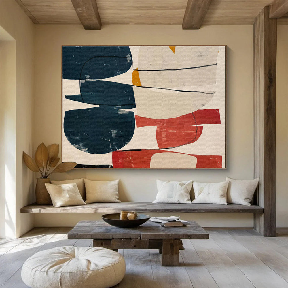 Colorful Geometric Collage with Blue, Red, and Beige, Abstract Modernist Painting On Canvas DKH590