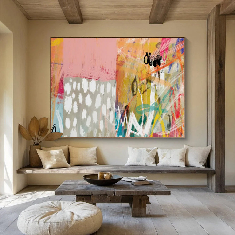 Playful Abstract in Pink, Orange, and Patterns Painting On Canvas DKH198