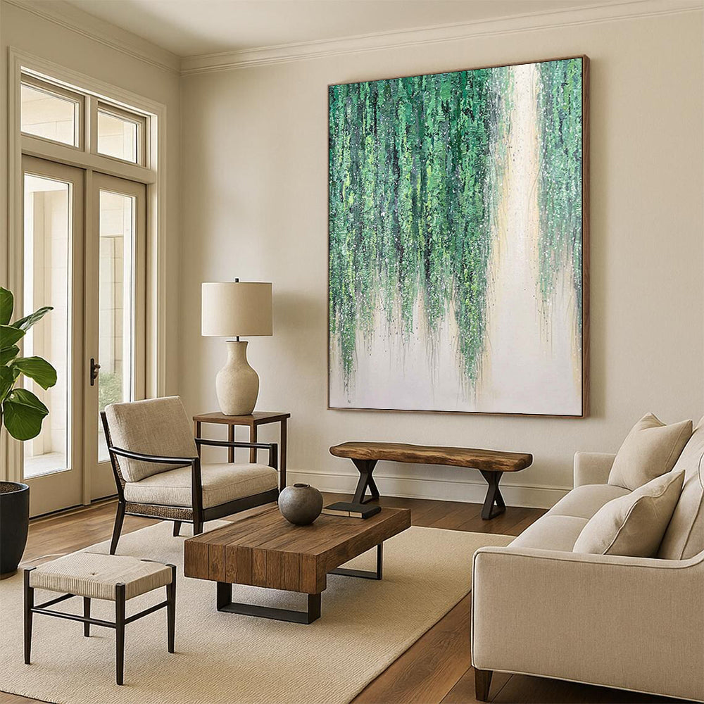 “Willow Whispers” - Green & White Hanging Foliage Painting On Canvas DKH1506