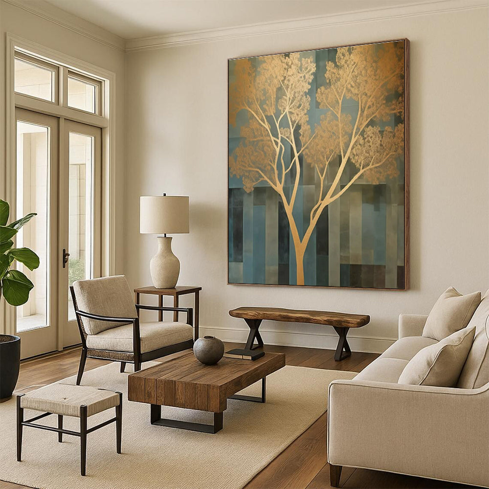 “Gold - Blue Abstract Tree” ,Abstract Acrylic Painting CT0827