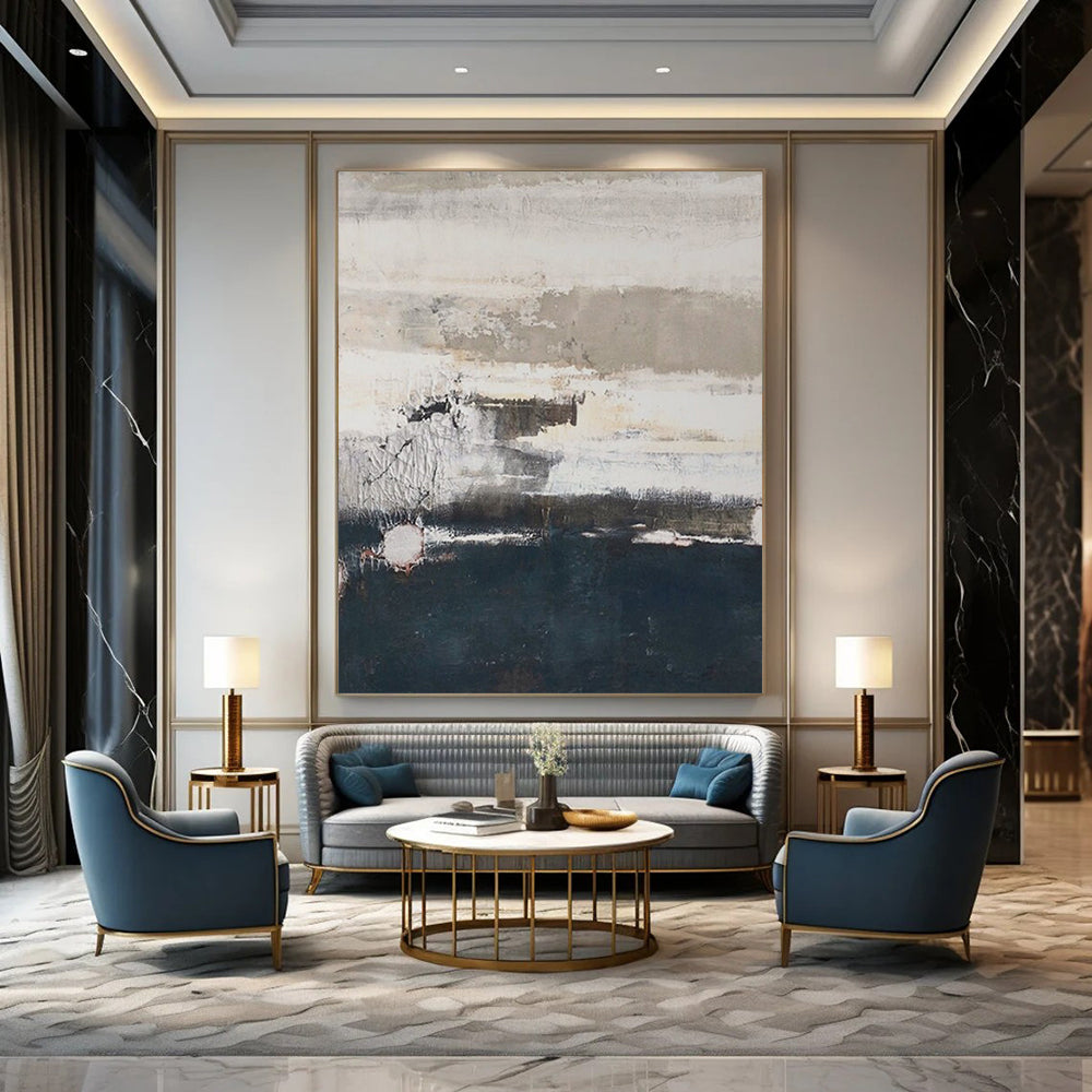 “Gray - White & Dark Blue Layered Textures” – Abstract Layered Painting CT0984