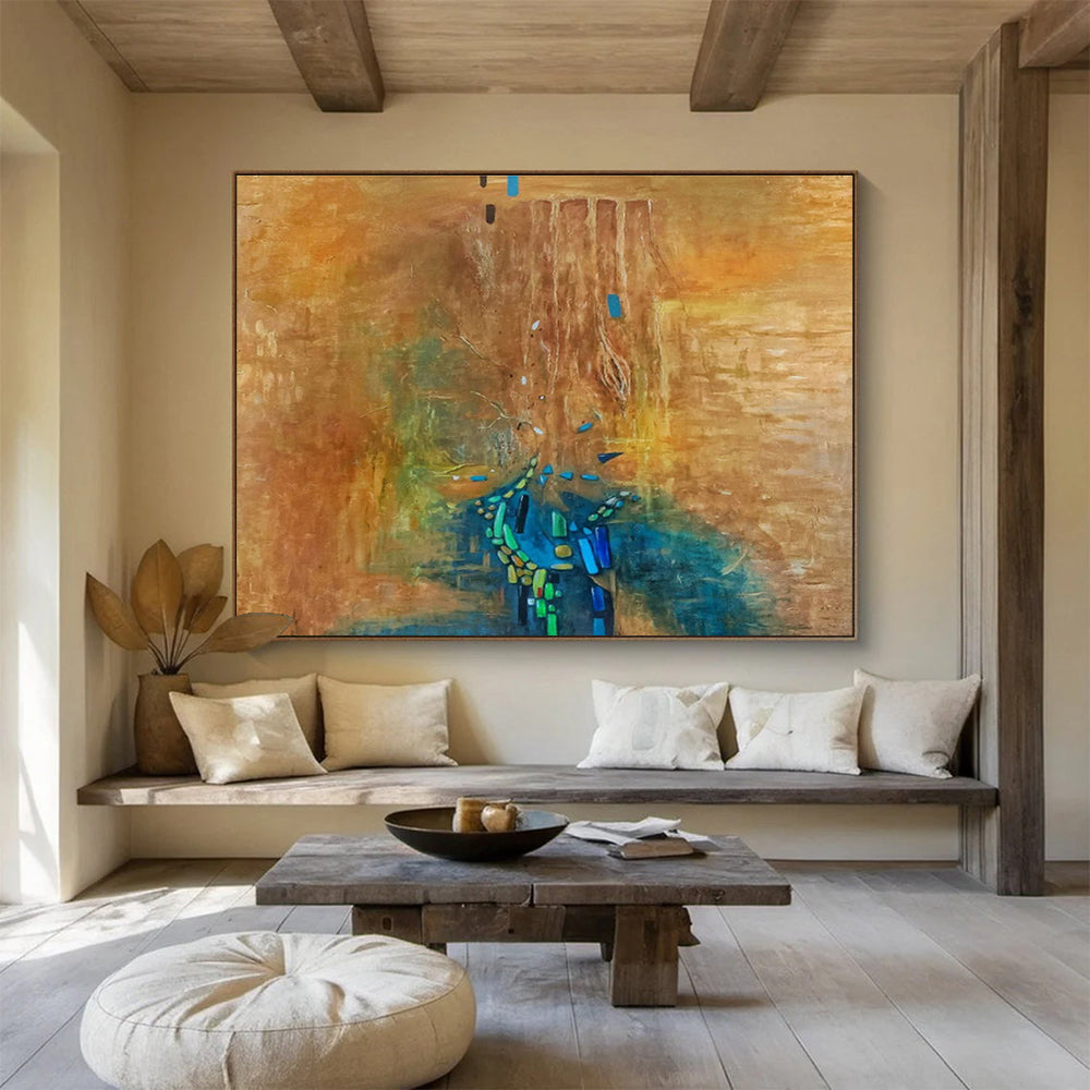 “Brown, Blue & Green Abstract Cascade” Abstract Surrealist Painting On Canvas DKH388