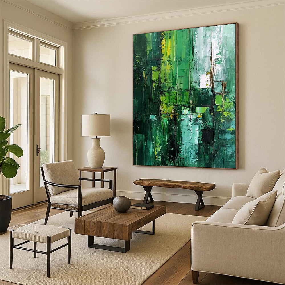 “Vibrant Green Abstract Layers” - Expressionist Textured Painting On Canvas DTP012