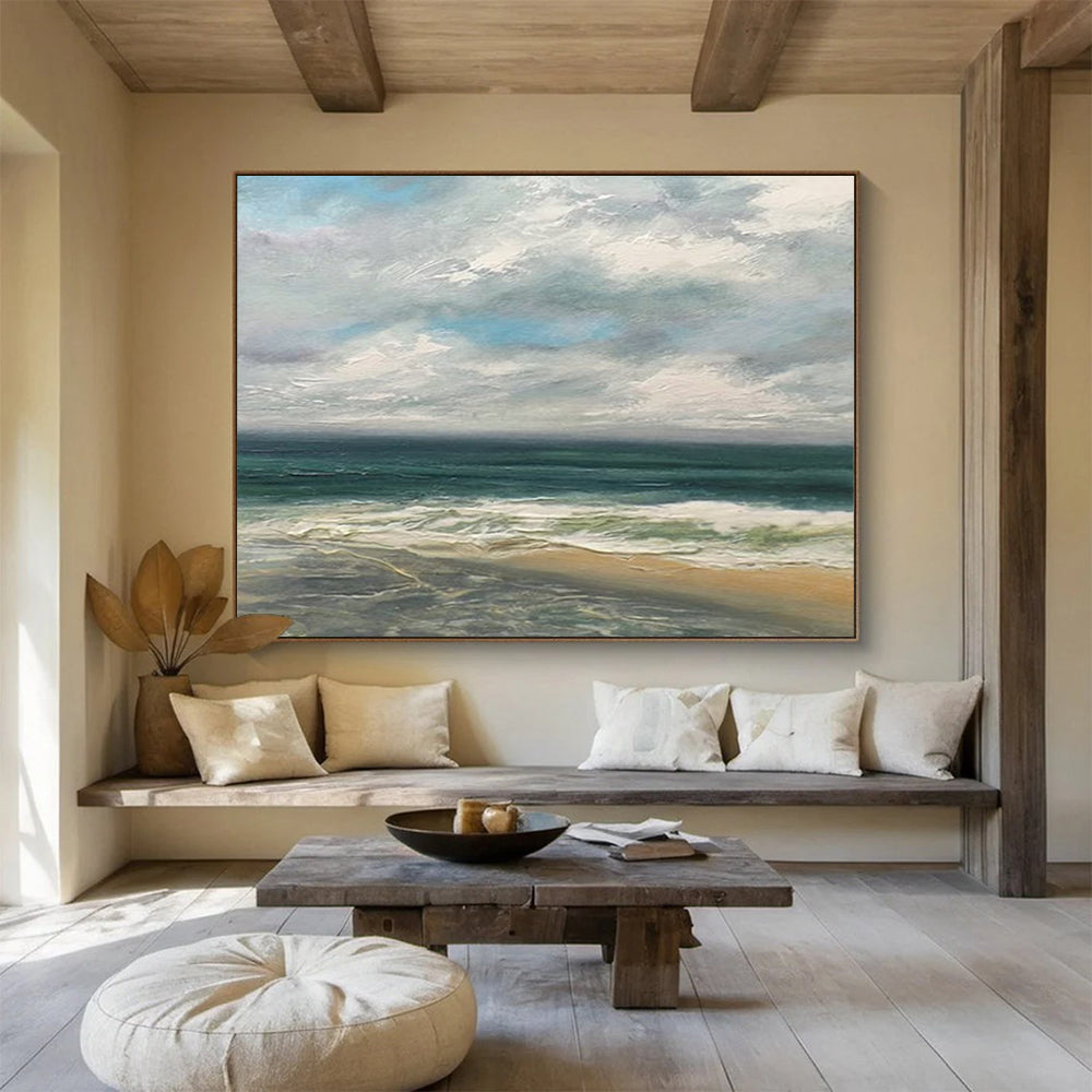 “Blue, Green, Cloudy Seaside ‘Serene Coastal Day’” - Impressionist Seascape Painting On Canvas DLZ021