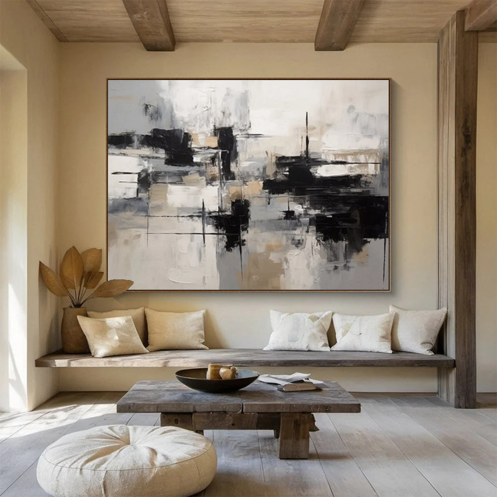 “Black, White & Beige Geometric Abstraction” Geometric Abstract Painting On Canvas DKH335