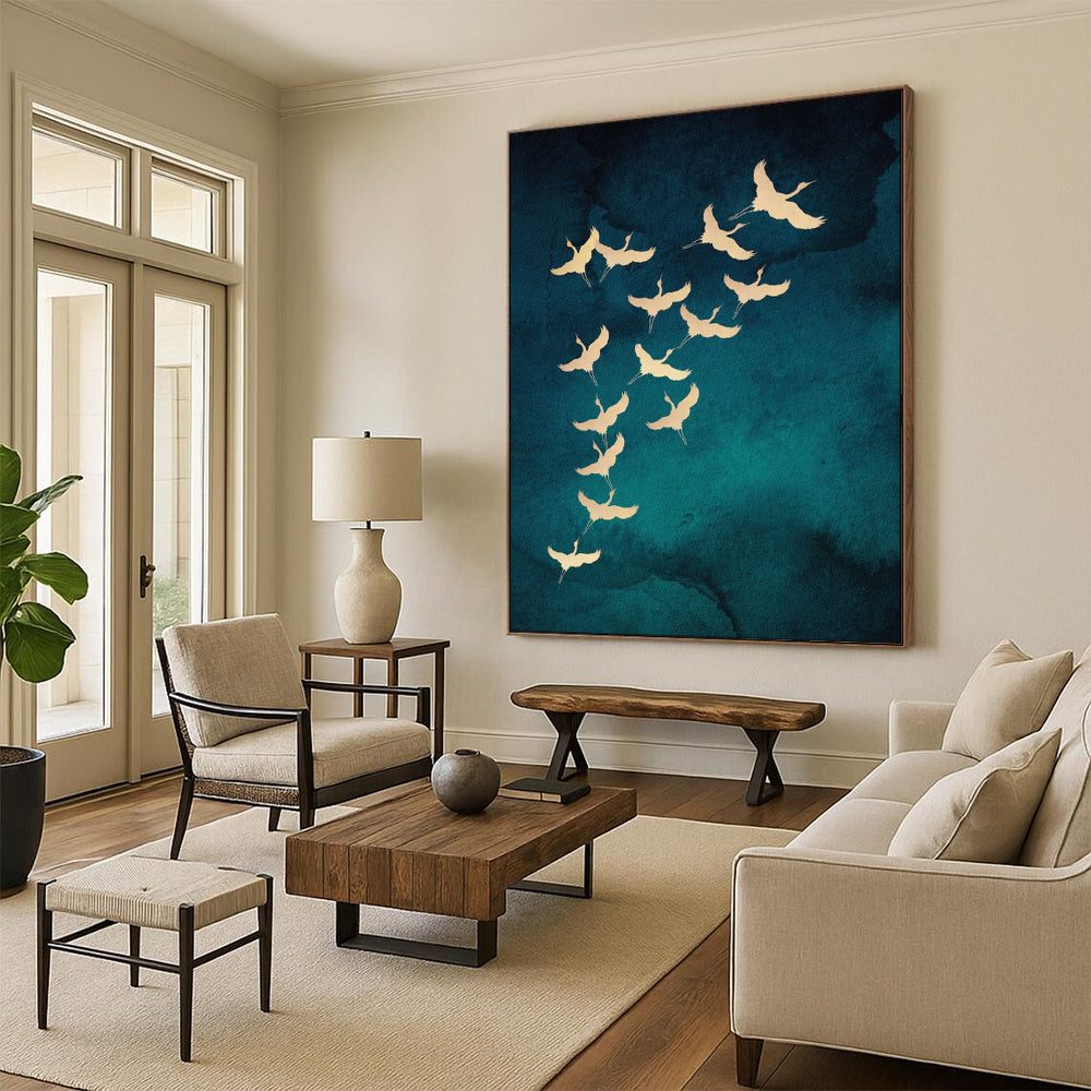Golden Cranes Teal Blue Wash Oriental Inspired Avian Art CT1919