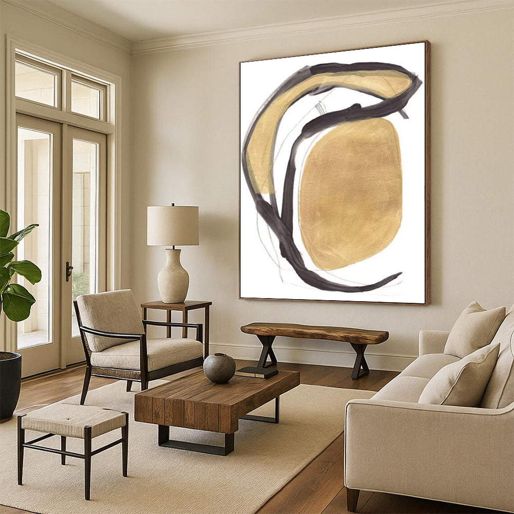 “Gold & Black Curves” - Gold, Black Abstract Painting On Canvas DTP223