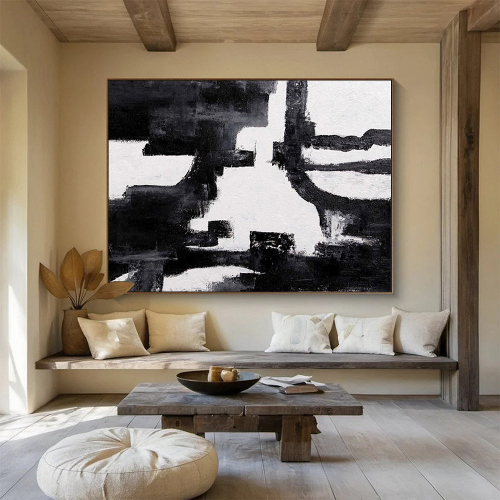“Bold Black and White Abstract - Dynamic Shapes” Painting On Canvas DKH018