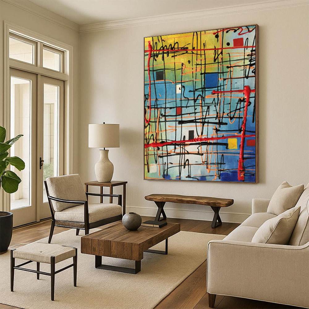“Colorful Grid Energy” - Multicolor Geometric Abstract Painting On Canvas DKH1582
