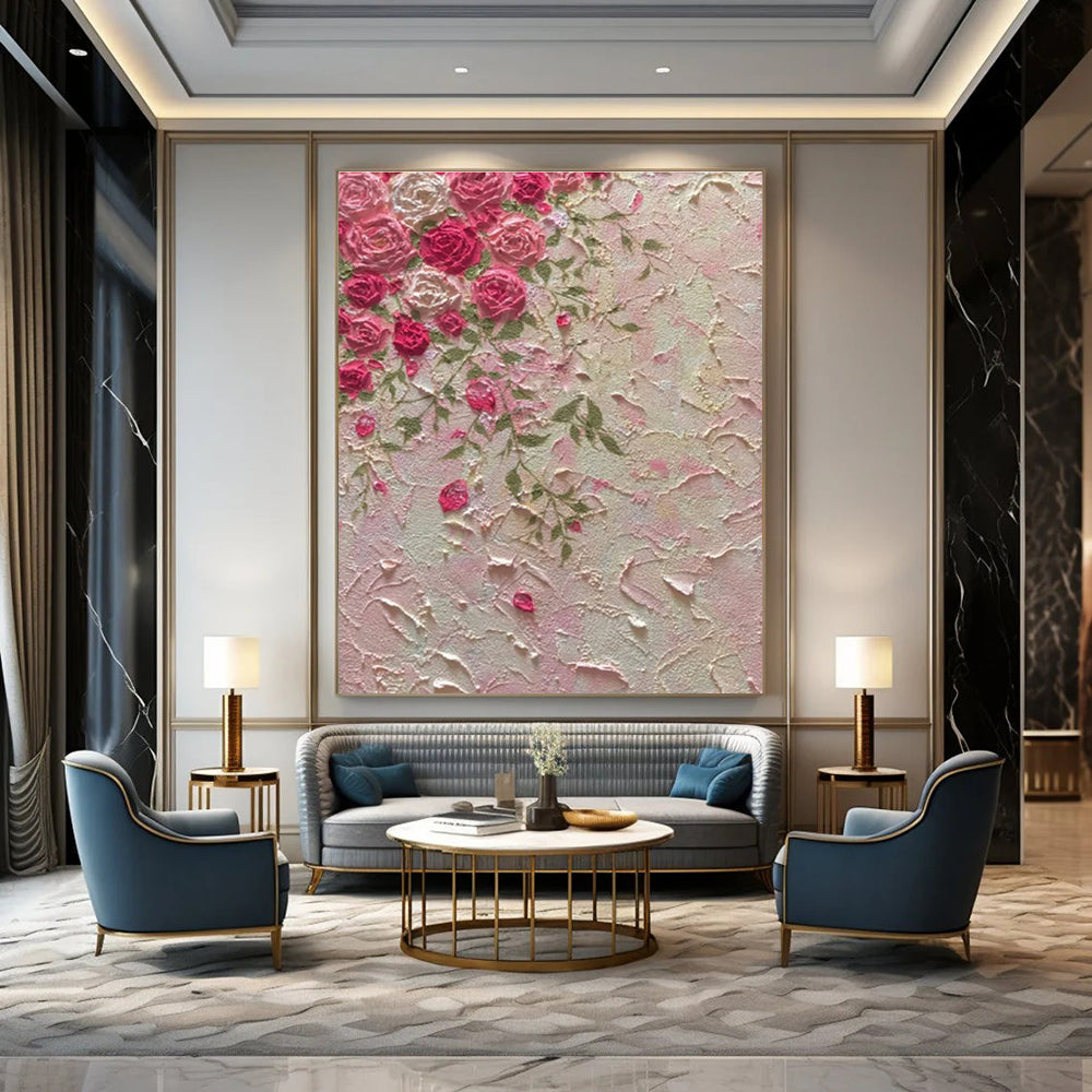 Pink & Green Roses, Textured Background - "Textured Blooms" - Impasto Oil Painting CT1450