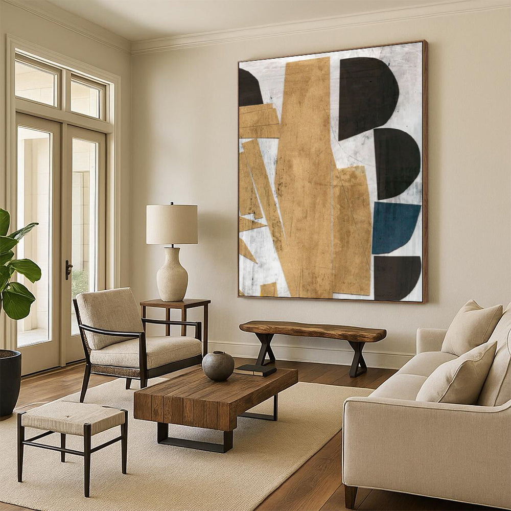 “Geometric Gold & Blue Collage” - Gold, Blue, Black Abstract Painting On Canvas DTP216