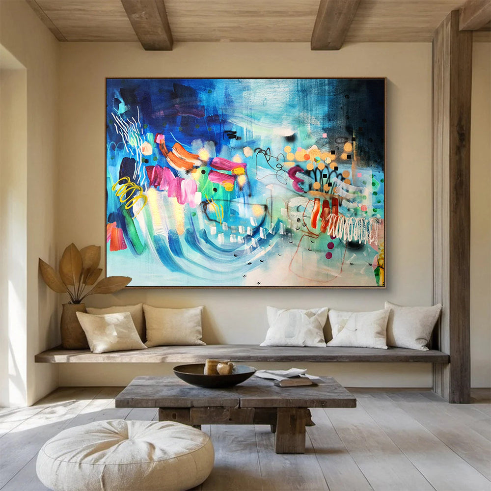 Blue Abstract with Colorful Forms - Eclectic Shapes and Lively Marks Painting On Canvas DKH064