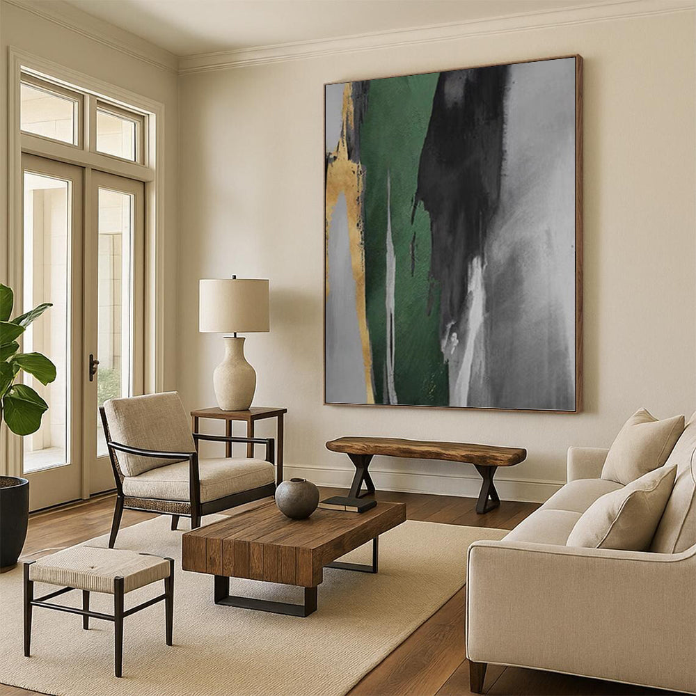 “Green - Gray - Gold Bold Strokes” - Green, Gray & Gold Abstract Expressionist Painting On Canvas DKH0932