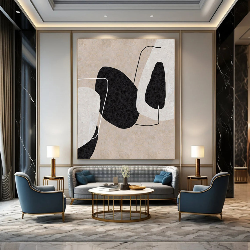 “Beige, Black, and White Geometric Assemblage” – Minimalist Geometric Painting CT1121