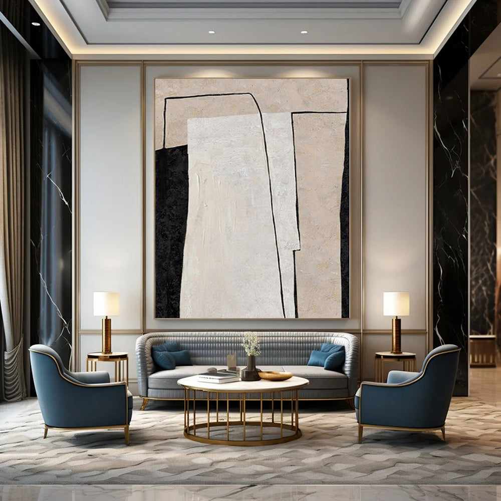 “Black - White - Beige Geometric Overlap” – Geometric Abstract Painting CT1136