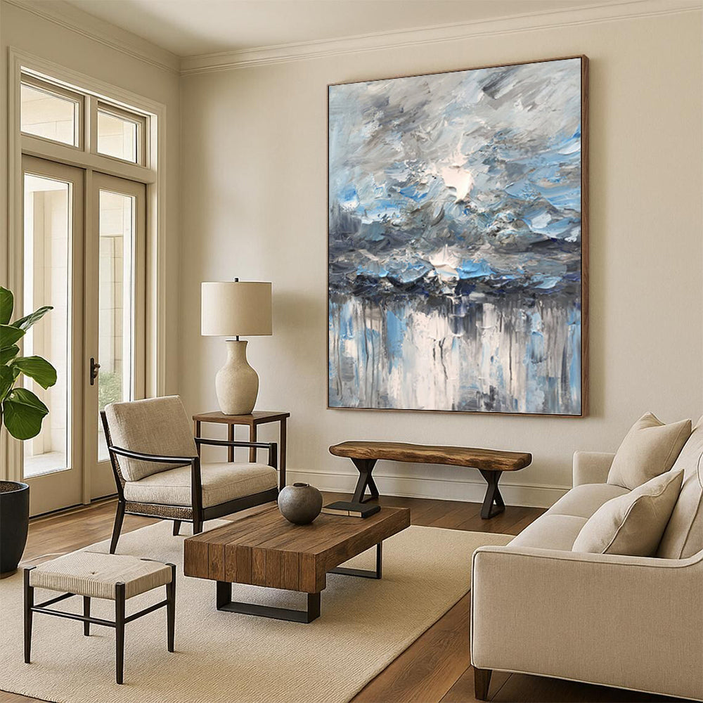 Blue - Gray Sky and Water Drip - Abstract Impasto Painting On Canvas DKH1291