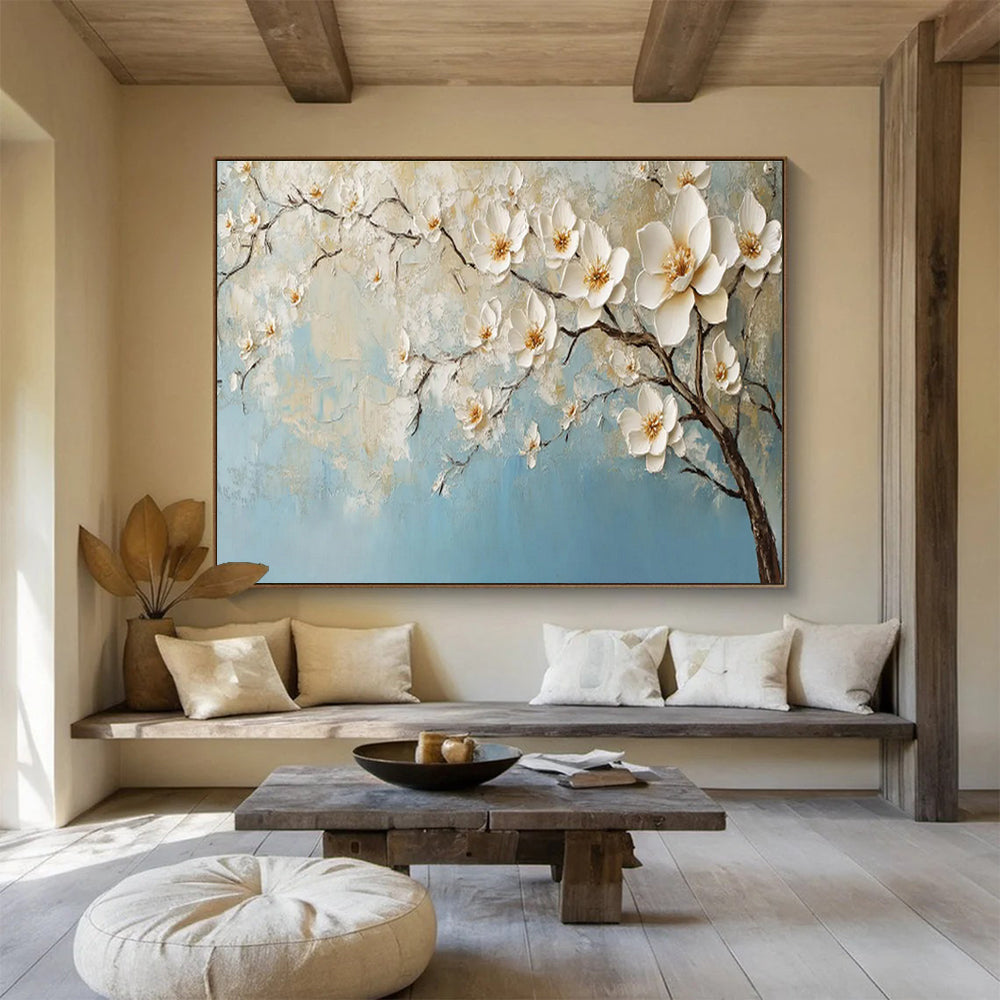 Textured White Blossoms on Blue Painting On Canvas DKH671