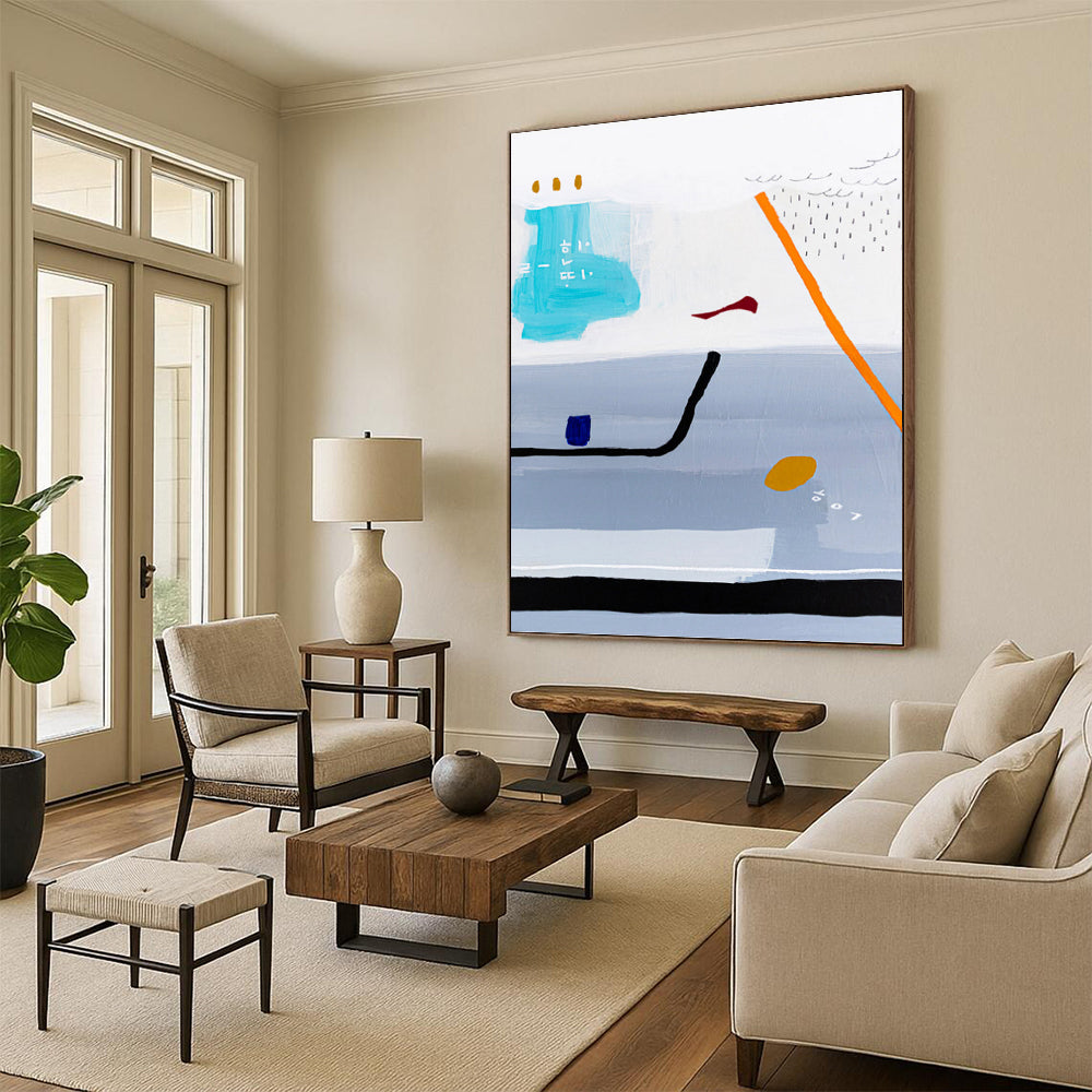 “Light Blue and Gray Abstract with Orange and Red Details” - Playful Abstract Painting On Canvas DKH1098