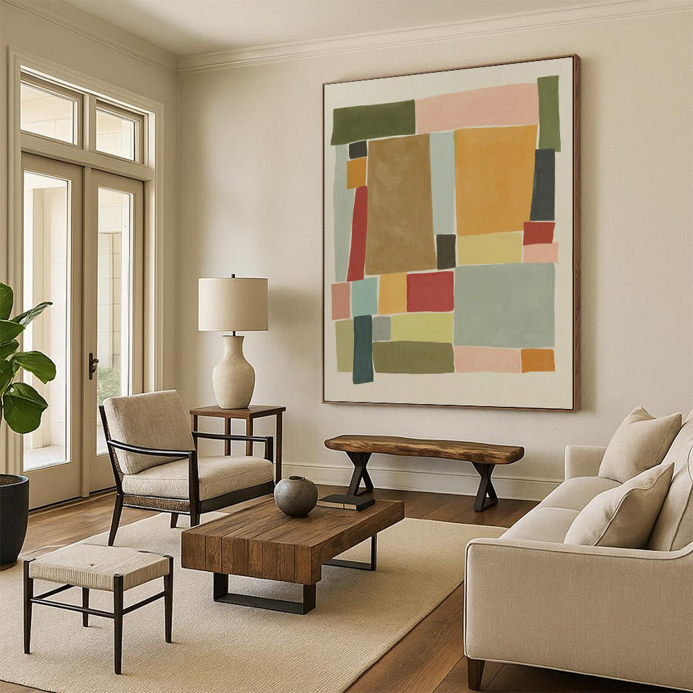 “Pastel Geometric Collage” - Pink, Green & Blue Minimalist Painting On Canvas DKH0964