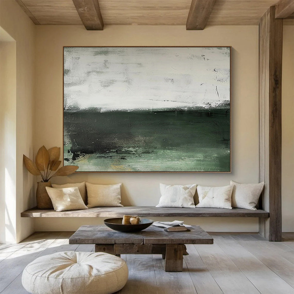 Muted Green and White Horizons Subtle Color Block Abstract Painting On Canvas DKH264