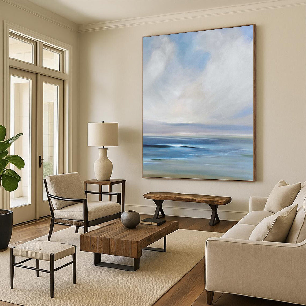 “Serene Coastal Blues” - Blue, White & Gray Impressionistic Seascape Painting On Canvas DKH0957