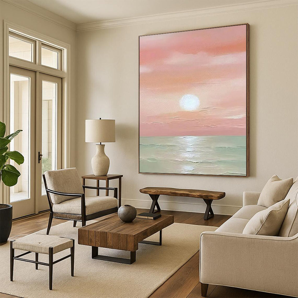 “Pink Sunset Sea” - Pink & Green Seascape Painting On Canvas CT2231
