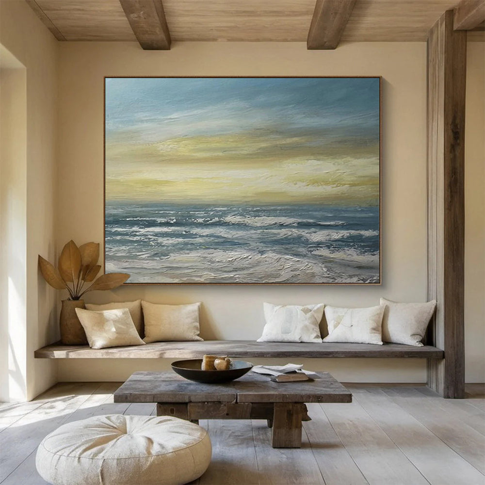“Blue, Yellow, Sunset Ocean ‘Golden Hour at Sea’” - Impressionist Seascape Painting On Canvas DLZ033