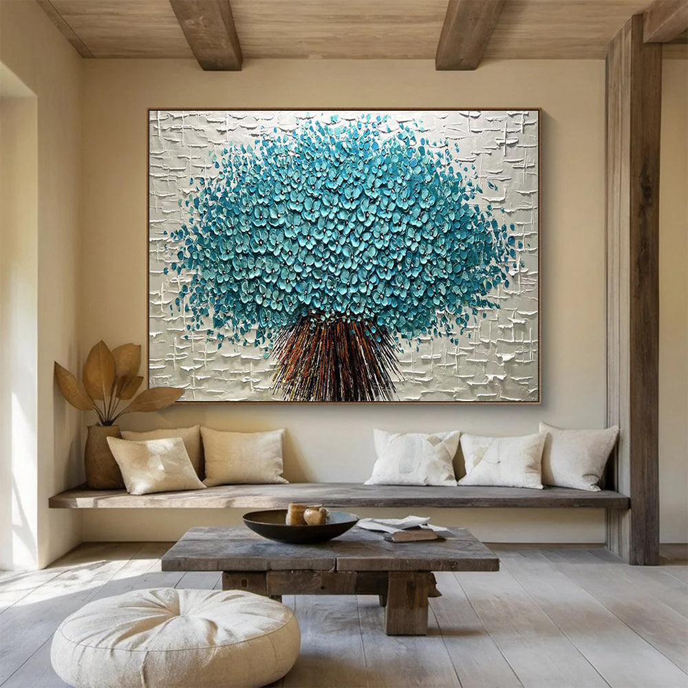 Textured Blue Flower Tree - Impasto Floral Painting On Canvas DLZ213