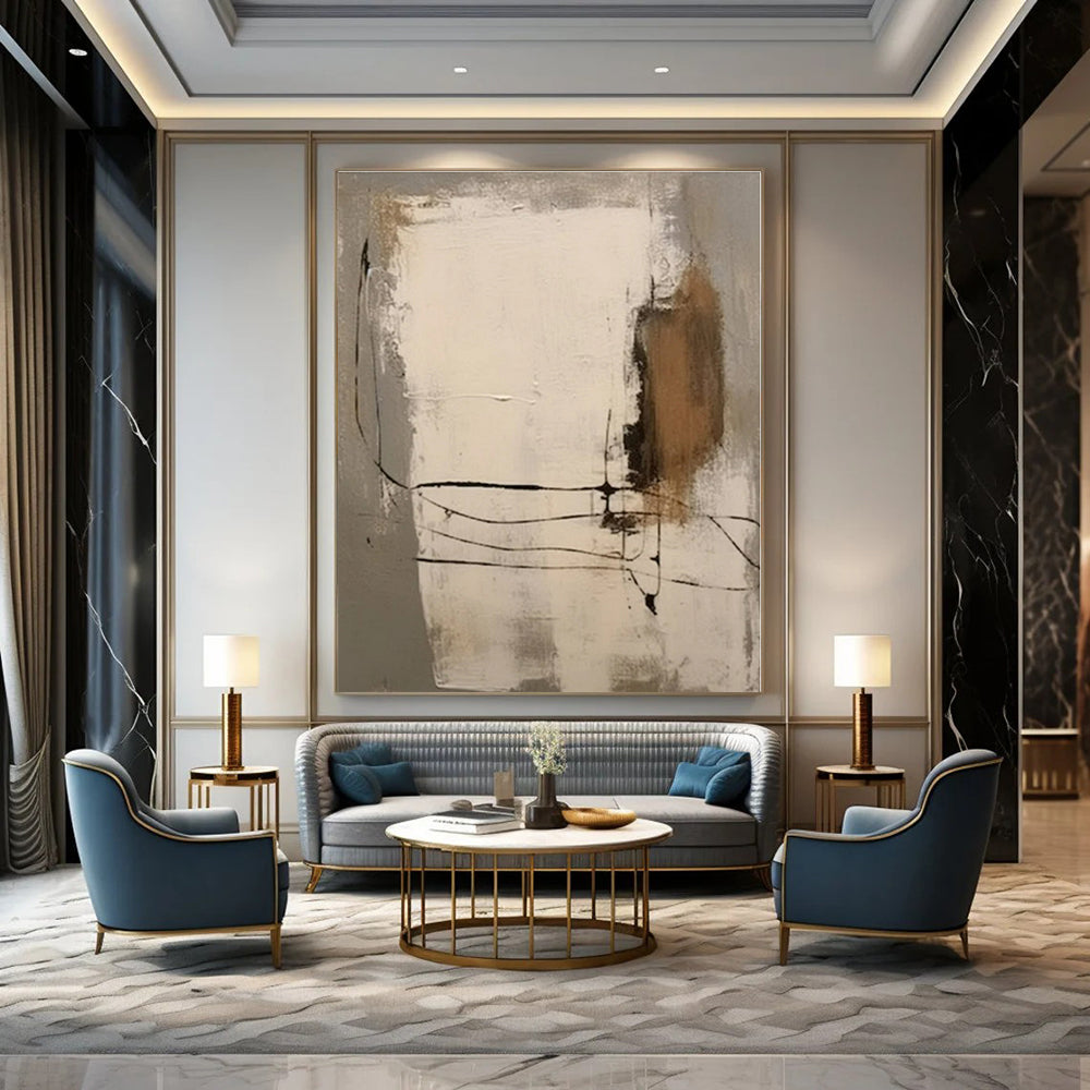 Neutral Tones with Black Lines - Abstract Expressionist Ink & Acrylic On Canvas CT1305