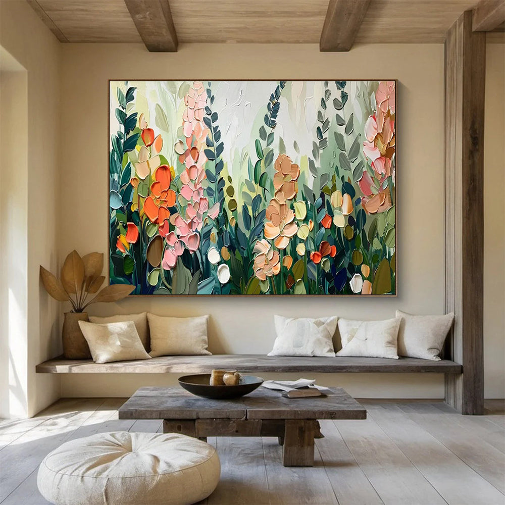 “Colorful Impasto Floral Field” - Textured Botanical Painting On Canvas DKH801