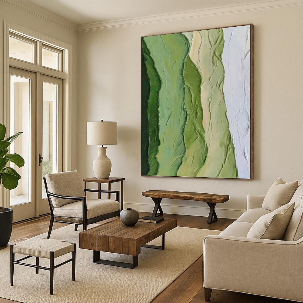 “Green Textured Ridges” - Green & White Impasto Abstract Painting On Canvas DKH1196