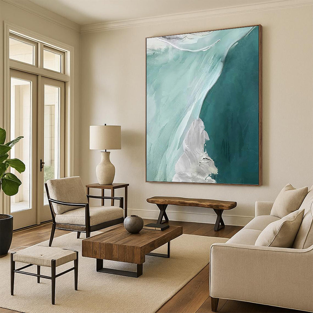 Teal & White Flow - Abstract Seascape Painting On Canvas DKH1236