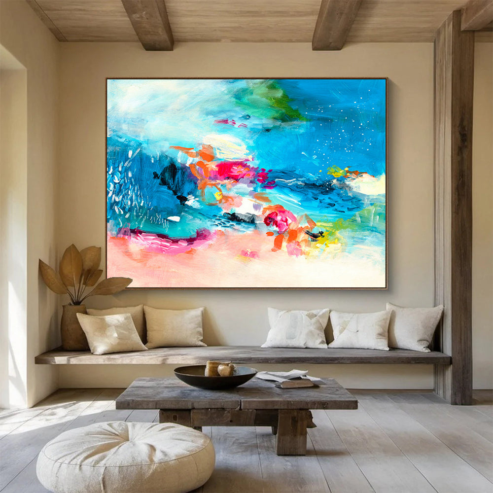 Colorful Abstract Ocean - Blues, Pinks, and Vivid Shapes Painting On Canvas DKH031