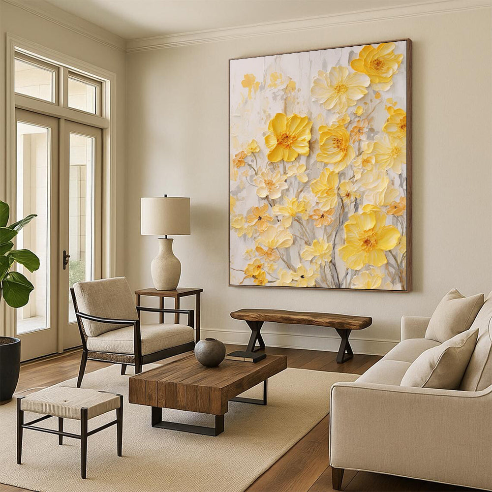 “Yellow Floral Relief” - Yellow, White, Gray Textured Floral Painting On Canvas DTP289