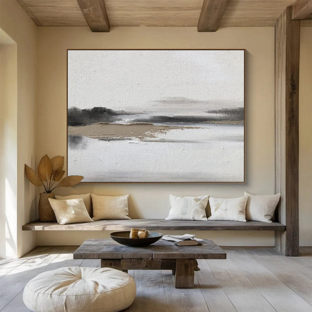 Minimalist Gray Landscape - Gray, White & Brown Landscape Painting On Canvas DKH911