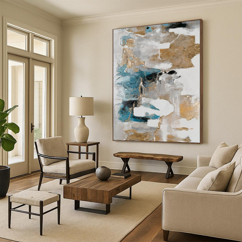 “Gold & Blue Abstraction” - Metallic Abstract Painting On Canvas CT2245