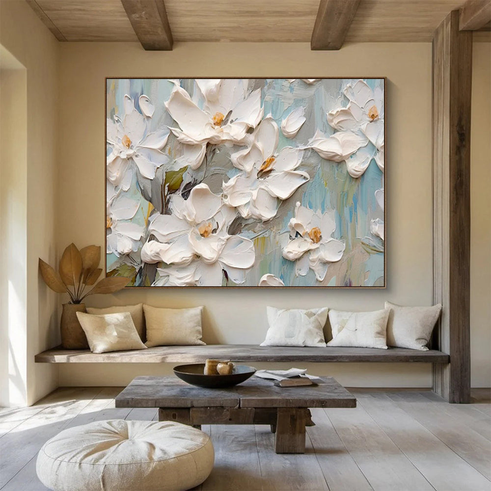 Textured White Floral Painting On Canvas DKH686