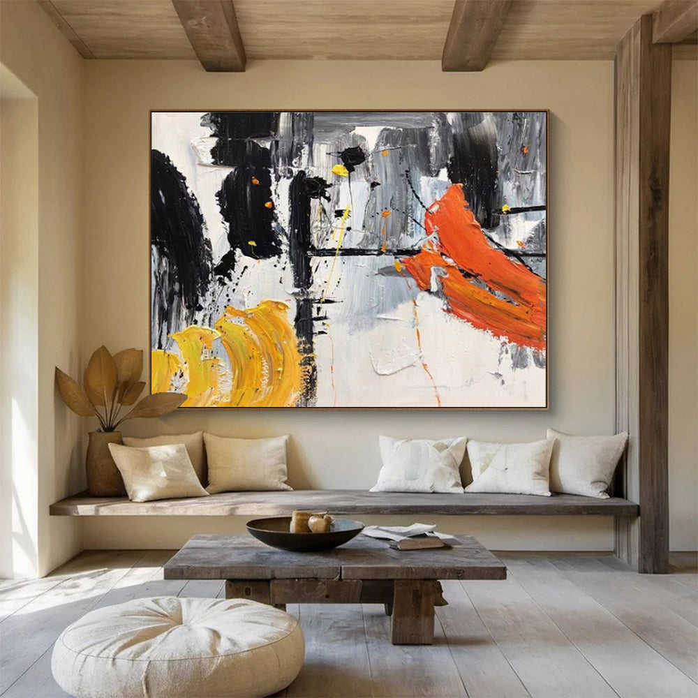 Abstract Black, White, and Orange Strokes Painting On Canvas DKH187