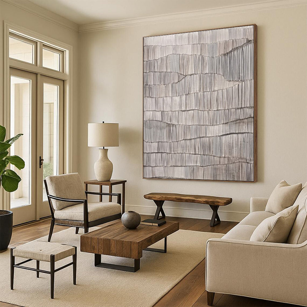 Gray - White Wavy Lines, “Rippled Stillness” - Minimalist Abstract Acrylic Painting CT0719